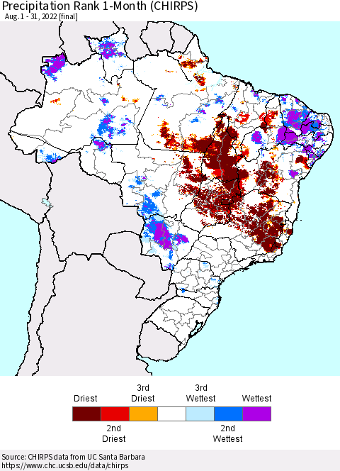 Brazil Precipitation Rank since 1981, 1-Month (CHIRPS) Thematic Map For 8/1/2022 - 8/31/2022