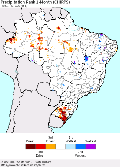 Brazil Precipitation Rank since 1981, 1-Month (CHIRPS) Thematic Map For 9/1/2022 - 9/30/2022