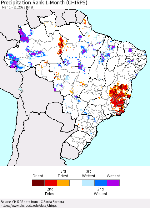 Brazil Precipitation Rank since 1981, 1-Month (CHIRPS) Thematic Map For 3/1/2023 - 3/31/2023