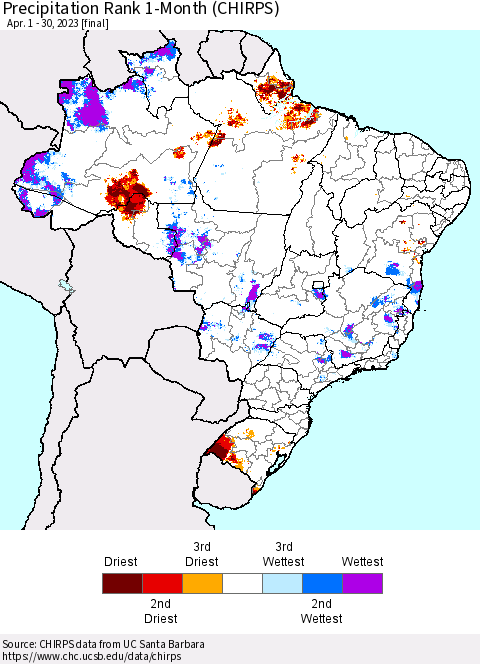 Brazil Precipitation Rank since 1981, 1-Month (CHIRPS) Thematic Map For 4/1/2023 - 4/30/2023
