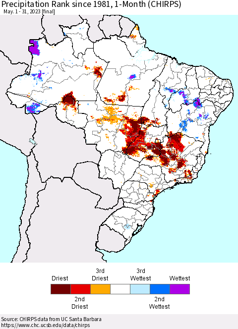 Brazil Precipitation Rank since 1981, 1-Month (CHIRPS) Thematic Map For 5/1/2023 - 5/31/2023