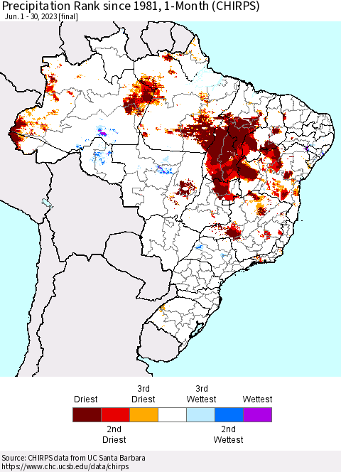 Brazil Precipitation Rank since 1981, 1-Month (CHIRPS) Thematic Map For 6/1/2023 - 6/30/2023