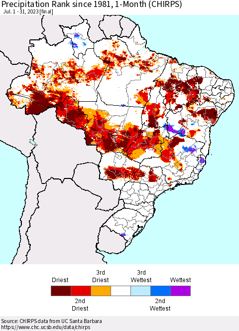 Brazil Precipitation Rank since 1981, 1-Month (CHIRPS) Thematic Map For 7/1/2023 - 7/31/2023
