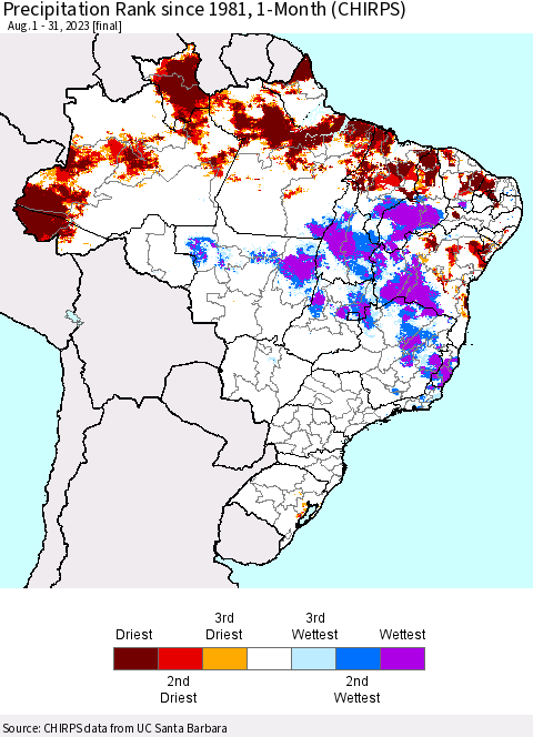 Brazil Precipitation Rank since 1981, 1-Month (CHIRPS) Thematic Map For 8/1/2023 - 8/31/2023