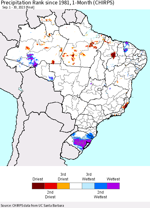 Brazil Precipitation Rank since 1981, 1-Month (CHIRPS) Thematic Map For 9/1/2023 - 9/30/2023