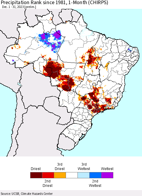 Brazil Precipitation Rank since 1981, 1-Month (CHIRPS) Thematic Map For 12/1/2023 - 12/31/2023