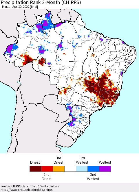 Brazil Precipitation Rank since 1981, 2-Month (CHIRPS) Thematic Map For 3/1/2022 - 4/30/2022