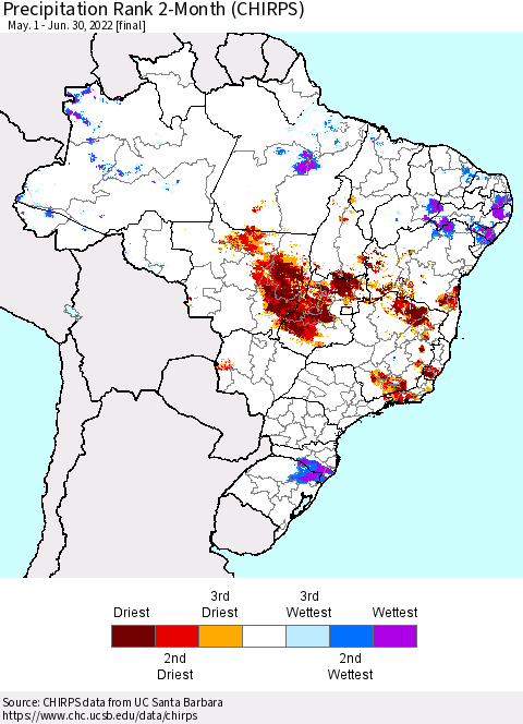 Brazil Precipitation Rank since 1981, 2-Month (CHIRPS) Thematic Map For 5/1/2022 - 6/30/2022