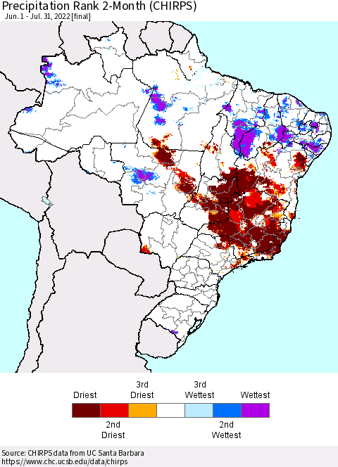 Brazil Precipitation Rank since 1981, 2-Month (CHIRPS) Thematic Map For 6/1/2022 - 7/31/2022