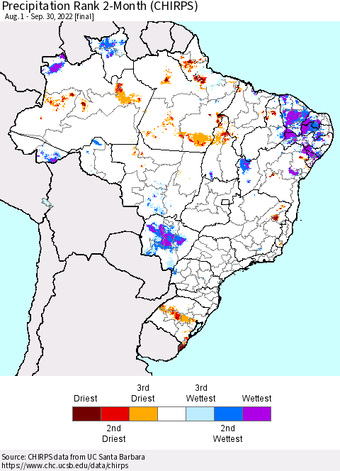 Brazil Precipitation Rank since 1981, 2-Month (CHIRPS) Thematic Map For 8/1/2022 - 9/30/2022