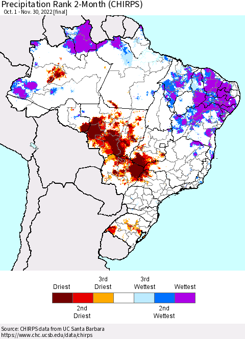 Brazil Precipitation Rank since 1981, 2-Month (CHIRPS) Thematic Map For 10/1/2022 - 11/30/2022