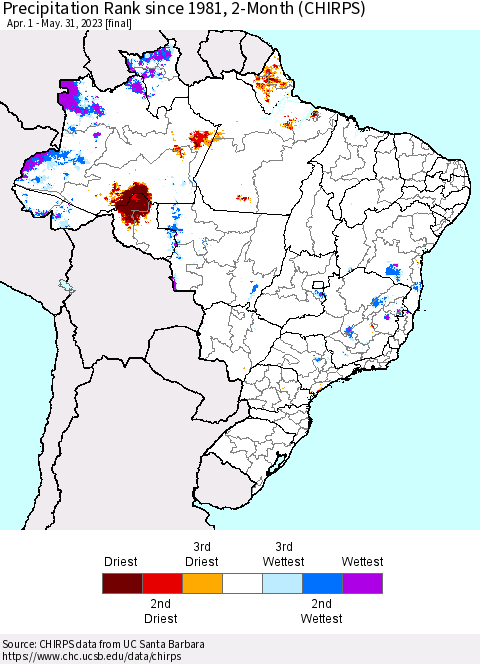 Brazil Precipitation Rank since 1981, 2-Month (CHIRPS) Thematic Map For 4/1/2023 - 5/31/2023