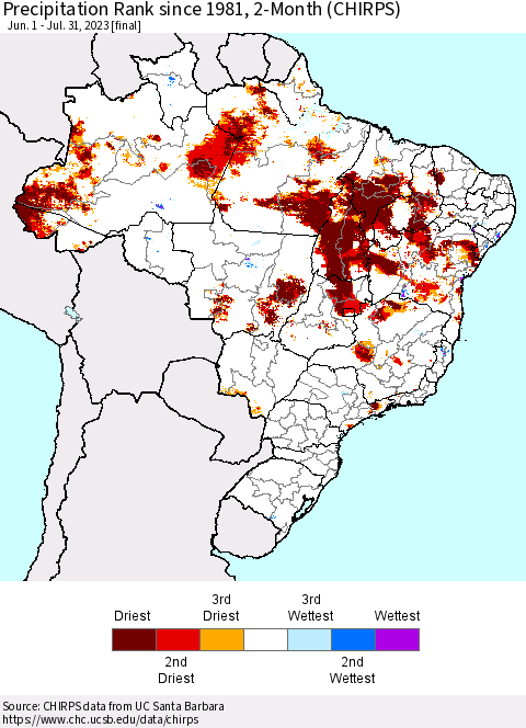 Brazil Precipitation Rank since 1981, 2-Month (CHIRPS) Thematic Map For 6/1/2023 - 7/31/2023