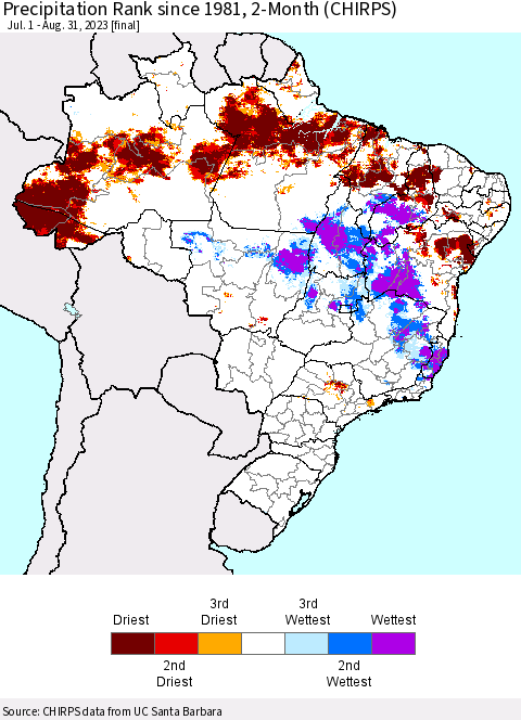Brazil Precipitation Rank since 1981, 2-Month (CHIRPS) Thematic Map For 7/1/2023 - 8/31/2023