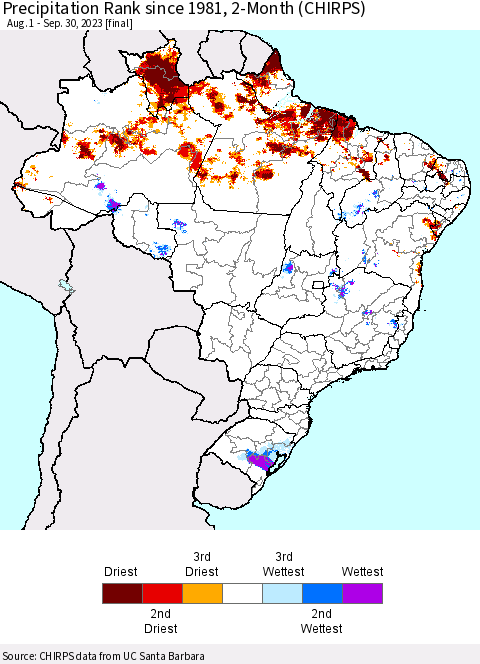 Brazil Precipitation Rank since 1981, 2-Month (CHIRPS) Thematic Map For 8/1/2023 - 9/30/2023