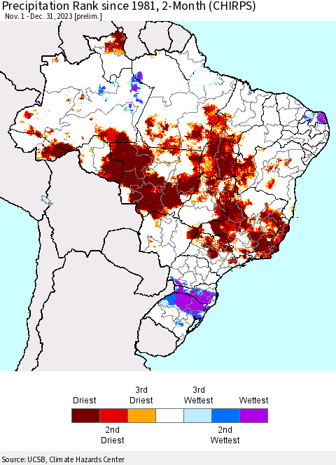 Brazil Precipitation Rank since 1981, 2-Month (CHIRPS) Thematic Map For 11/1/2023 - 12/31/2023