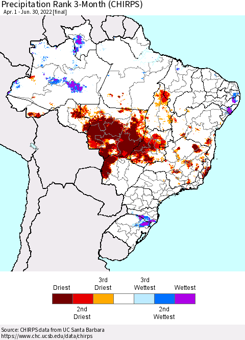 Brazil Precipitation Rank since 1981, 3-Month (CHIRPS) Thematic Map For 4/1/2022 - 6/30/2022