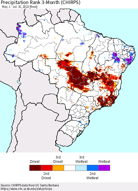 Brazil Precipitation Rank since 1981, 3-Month (CHIRPS) Thematic Map For 5/1/2022 - 7/31/2022