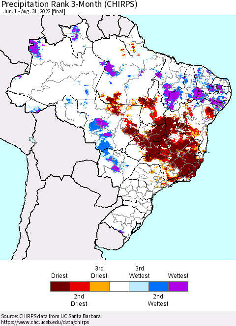 Brazil Precipitation Rank since 1981, 3-Month (CHIRPS) Thematic Map For 6/1/2022 - 8/31/2022