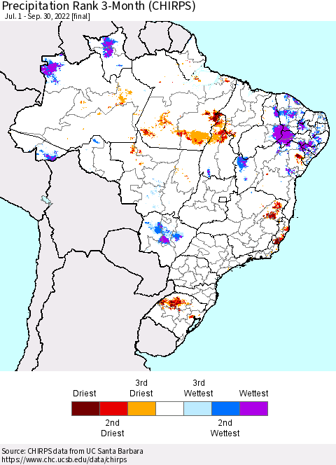 Brazil Precipitation Rank since 1981, 3-Month (CHIRPS) Thematic Map For 7/1/2022 - 9/30/2022