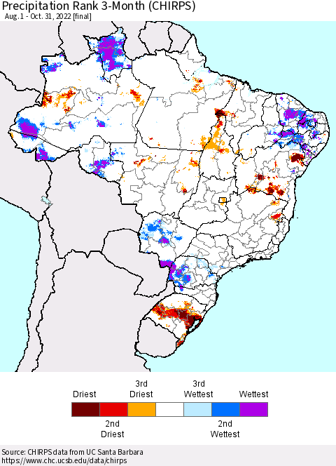 Brazil Precipitation Rank since 1981, 3-Month (CHIRPS) Thematic Map For 8/1/2022 - 10/31/2022
