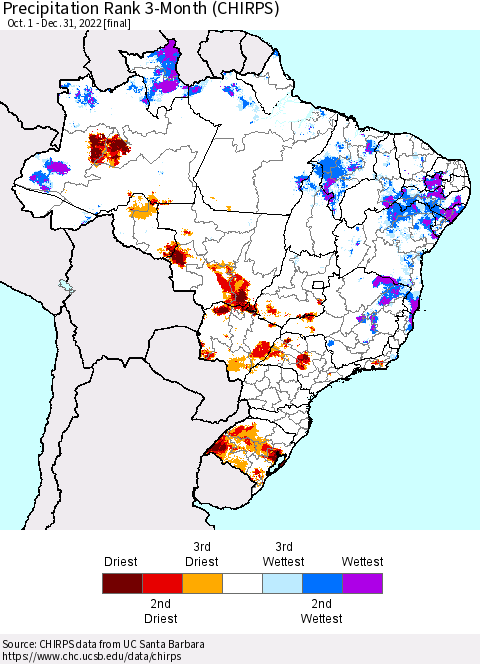 Brazil Precipitation Rank since 1981, 3-Month (CHIRPS) Thematic Map For 10/1/2022 - 12/31/2022
