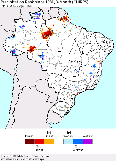 Brazil Precipitation Rank since 1981, 3-Month (CHIRPS) Thematic Map For 4/1/2023 - 6/30/2023