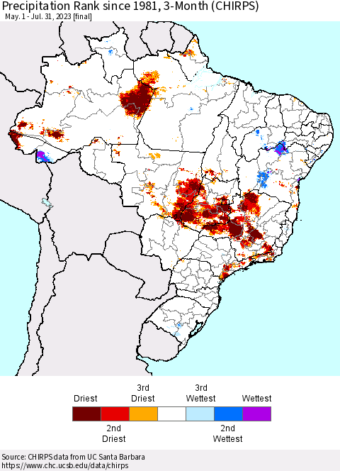 Brazil Precipitation Rank since 1981, 3-Month (CHIRPS) Thematic Map For 5/1/2023 - 7/31/2023