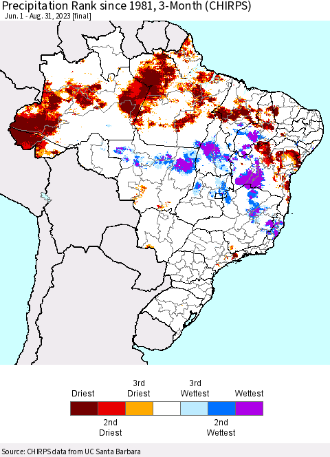 Brazil Precipitation Rank since 1981, 3-Month (CHIRPS) Thematic Map For 6/1/2023 - 8/31/2023