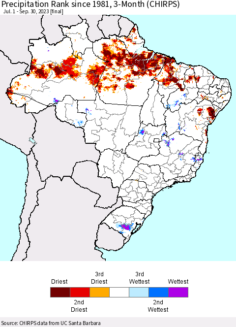 Brazil Precipitation Rank since 1981, 3-Month (CHIRPS) Thematic Map For 7/1/2023 - 9/30/2023