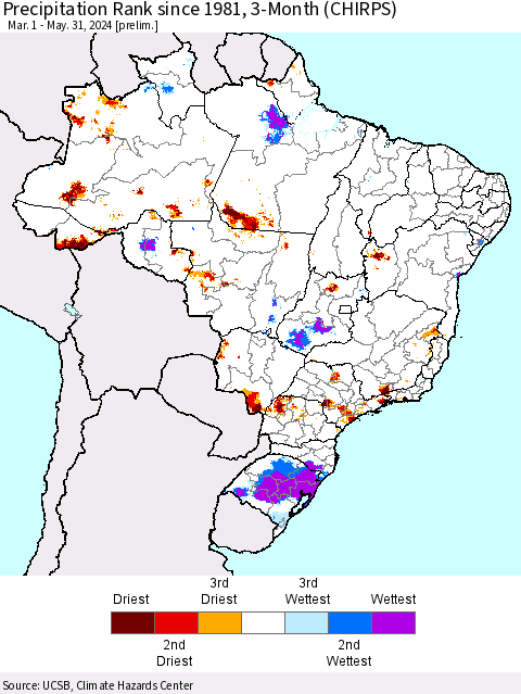 Brazil Precipitation Rank since 1981, 3-Month (CHIRPS) Thematic Map For 3/1/2024 - 5/31/2024