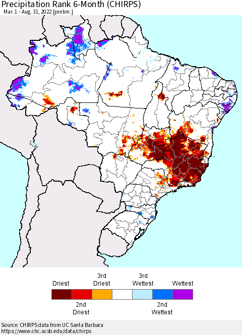 Brazil Precipitation Rank since 1981, 6-Month (CHIRPS) Thematic Map For 3/1/2022 - 8/31/2022