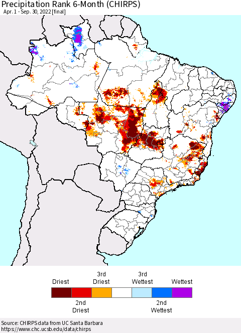 Brazil Precipitation Rank since 1981, 6-Month (CHIRPS) Thematic Map For 4/1/2022 - 9/30/2022