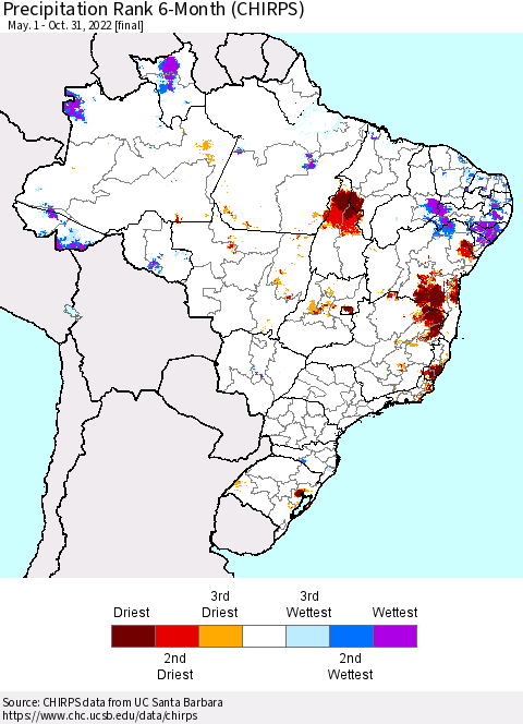 Brazil Precipitation Rank since 1981, 6-Month (CHIRPS) Thematic Map For 5/1/2022 - 10/31/2022