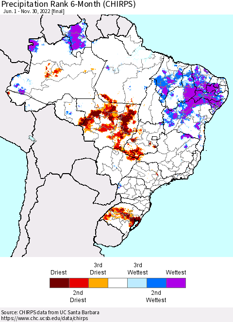 Brazil Precipitation Rank since 1981, 6-Month (CHIRPS) Thematic Map For 6/1/2022 - 11/30/2022