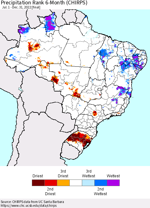 Brazil Precipitation Rank since 1981, 6-Month (CHIRPS) Thematic Map For 7/1/2022 - 12/31/2022