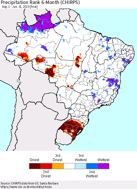 Brazil Precipitation Rank since 1981, 6-Month (CHIRPS) Thematic Map For 8/1/2022 - 1/31/2023