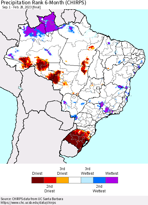 Brazil Precipitation Rank since 1981, 6-Month (CHIRPS) Thematic Map For 9/1/2022 - 2/28/2023