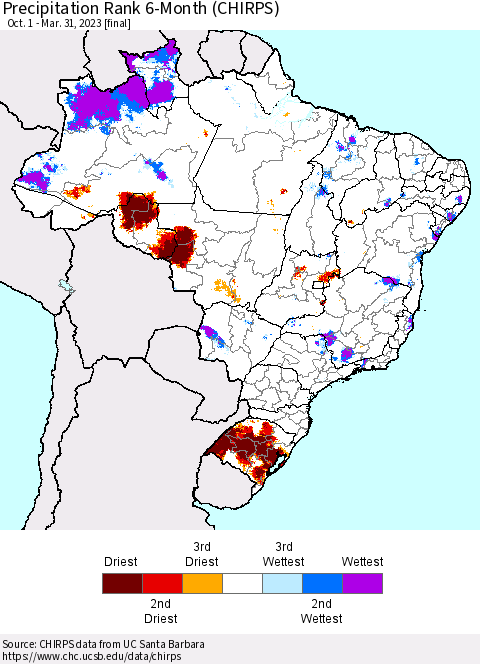 Brazil Precipitation Rank since 1981, 6-Month (CHIRPS) Thematic Map For 10/1/2022 - 3/31/2023