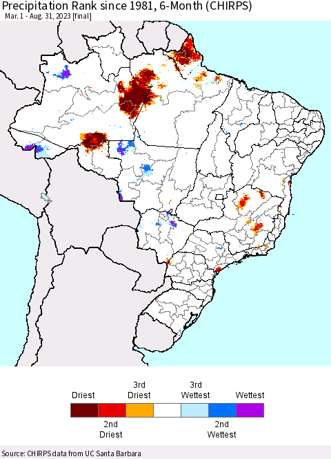 Brazil Precipitation Rank since 1981, 6-Month (CHIRPS) Thematic Map For 3/1/2023 - 8/31/2023