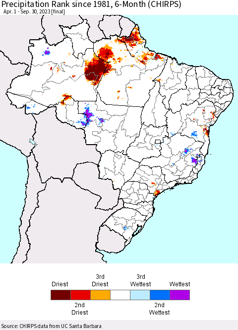 Brazil Precipitation Rank since 1981, 6-Month (CHIRPS) Thematic Map For 4/1/2023 - 9/30/2023