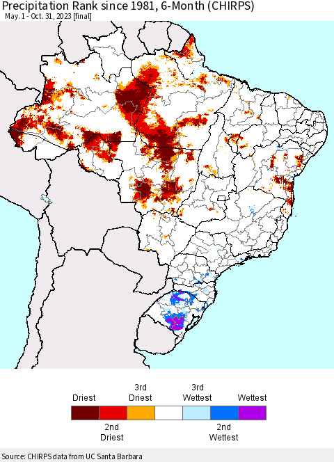 Brazil Precipitation Rank since 1981, 6-Month (CHIRPS) Thematic Map For 5/1/2023 - 10/31/2023