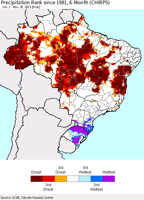 Brazil Precipitation Rank since 1981, 6-Month (CHIRPS) Thematic Map For 6/1/2023 - 11/30/2023