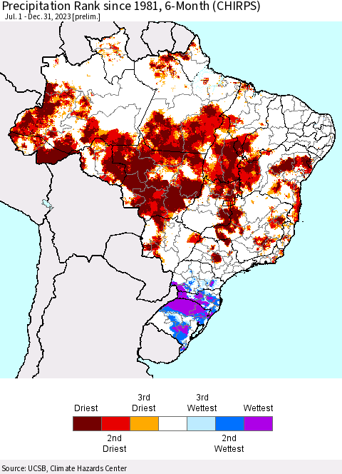 Brazil Precipitation Rank since 1981, 6-Month (CHIRPS) Thematic Map For 7/1/2023 - 12/31/2023