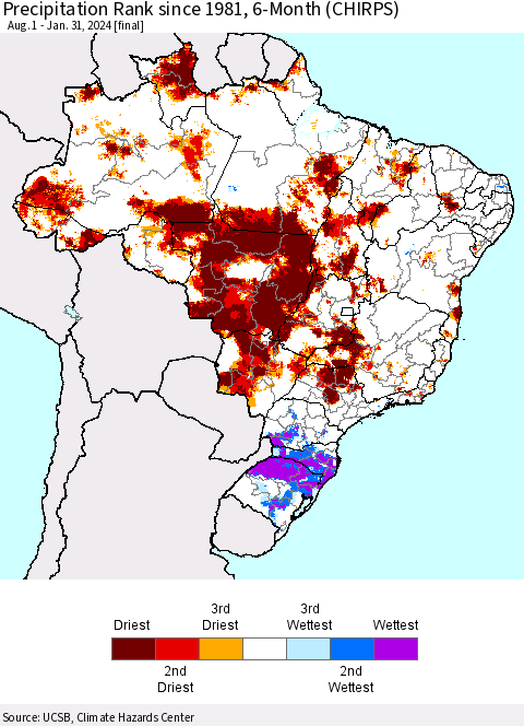 Brazil Precipitation Rank since 1981, 6-Month (CHIRPS) Thematic Map For 8/1/2023 - 1/31/2024