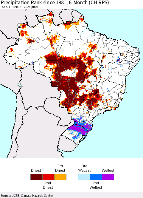 Brazil Precipitation Rank since 1981, 6-Month (CHIRPS) Thematic Map For 9/1/2023 - 2/29/2024