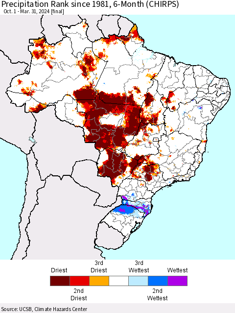 Brazil Precipitation Rank since 1981, 6-Month (CHIRPS) Thematic Map For 10/1/2023 - 3/31/2024