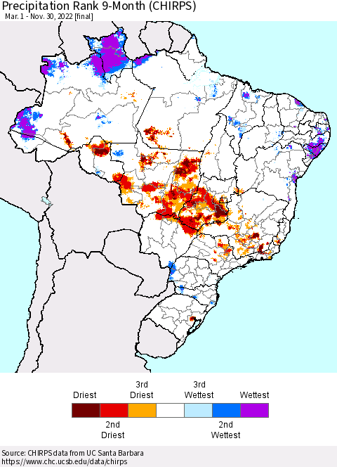Brazil Precipitation Rank since 1981, 9-Month (CHIRPS) Thematic Map For 3/1/2022 - 11/30/2022