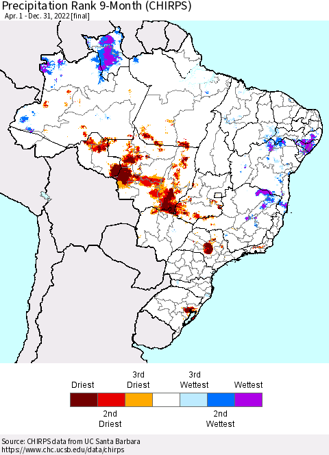 Brazil Precipitation Rank since 1981, 9-Month (CHIRPS) Thematic Map For 4/1/2022 - 12/31/2022
