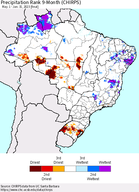 Brazil Precipitation Rank since 1981, 9-Month (CHIRPS) Thematic Map For 5/1/2022 - 1/31/2023